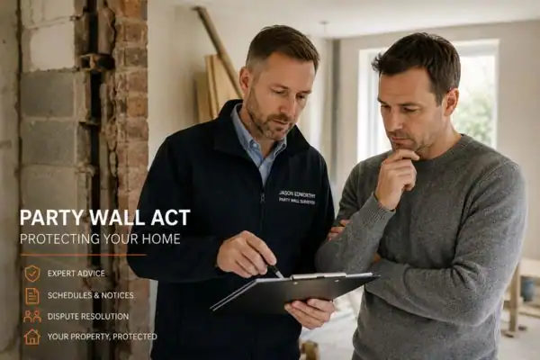 Party wall surveyor Coventry discussing extension plans with homeowner outside a UK semi-detached house.
